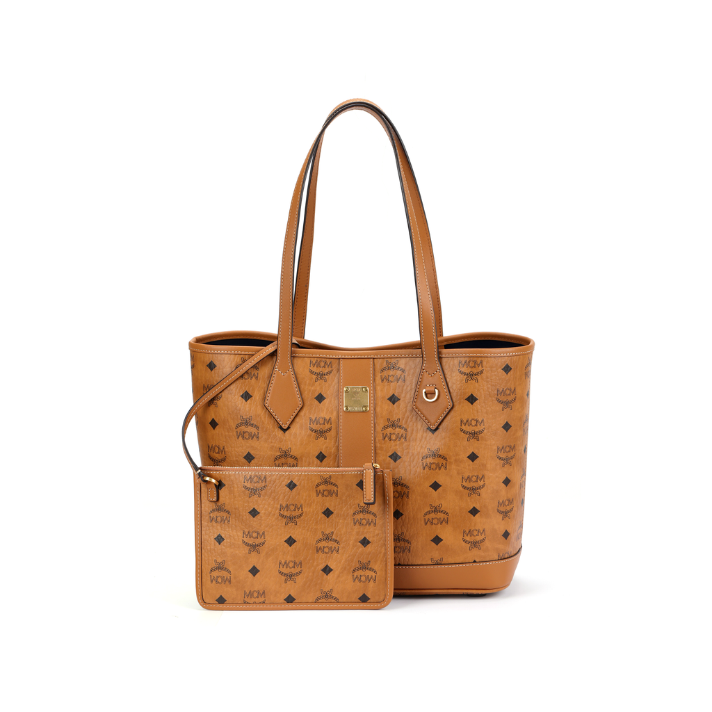 MCM Liz Visetos Monogram Shopper Tote Bag with Detachable Zip Pouch – Cognac