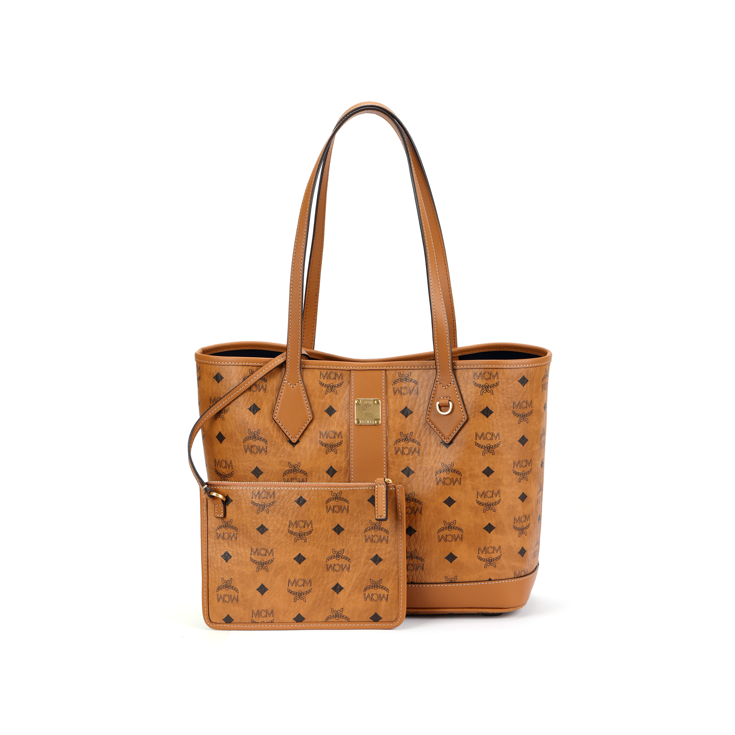 MCM Liz Visetos Monogram Shopper Tote Bag with Detachable Zip Pouch – Cognac