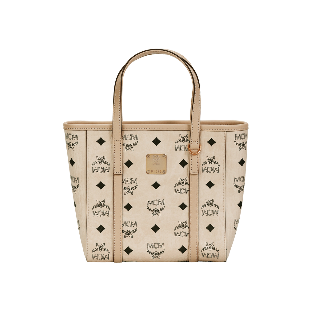 MCM Toni Mini Visetos Monogram Leather-Trimmed Tote Crossbody Bag – Unisex, Beige