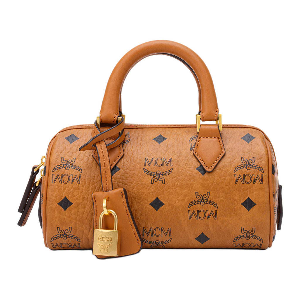 MCM Ella Mini Visetos Monogram Boston Crossbody Bag with Gold-Tone Lock Charm – Cognac Brown