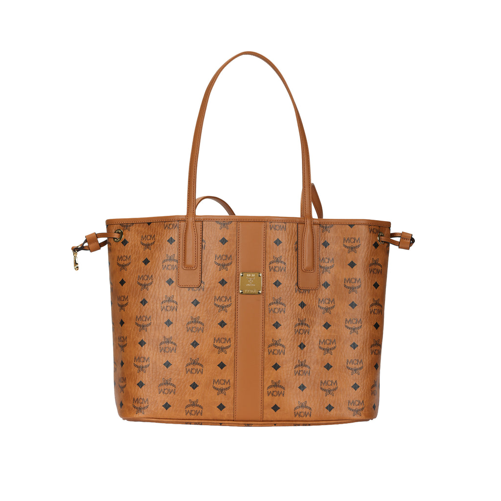 MCM Liz Medium Reversible Tote Bag – Classic Visetos Monogram Canvas, Large Capacity, Removable Pouch, Women's Shoulder Bag, Cognac Brown