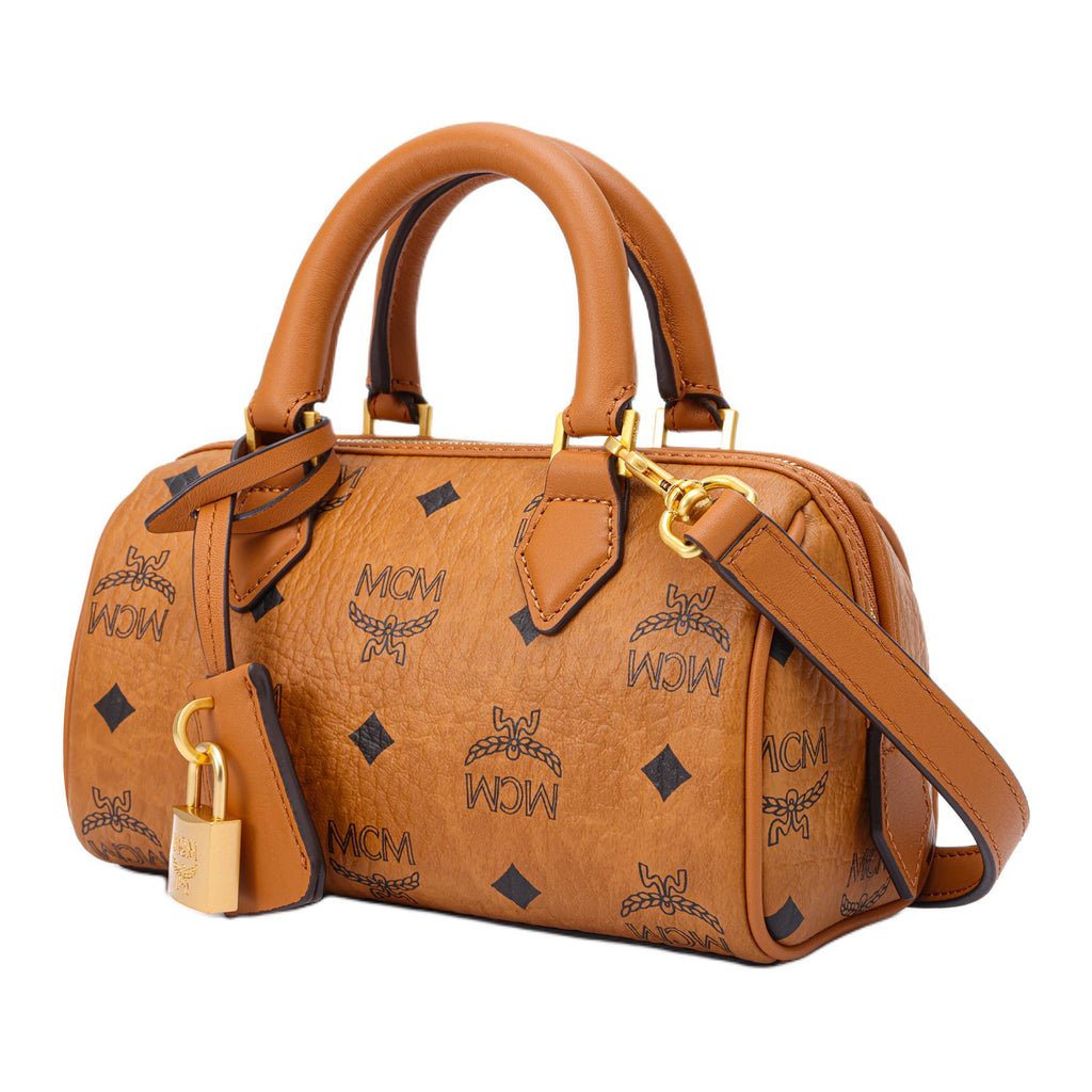 MCM Ella Mini Visetos Monogram Boston Crossbody Bag with Gold-Tone Lock Charm – Cognac Brown