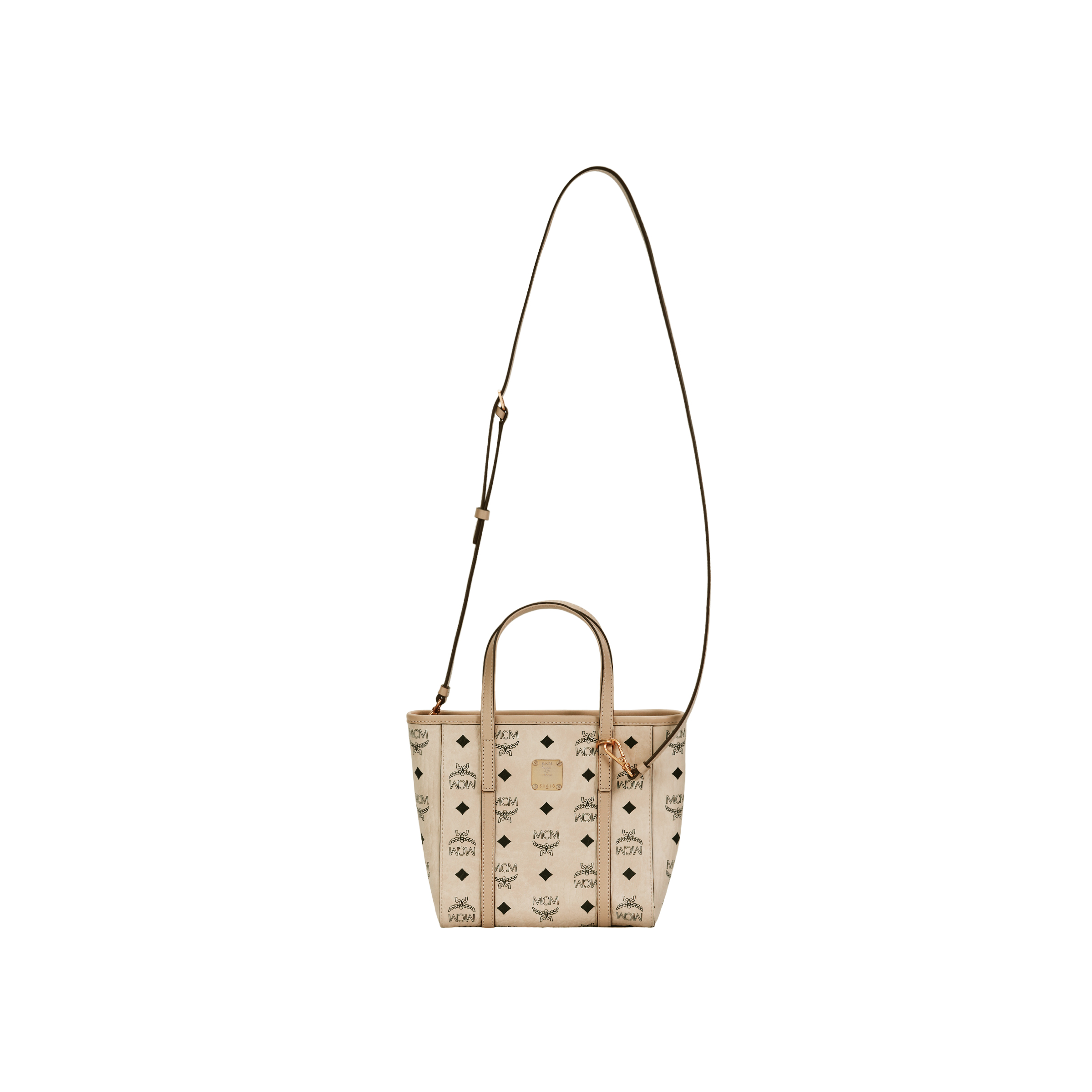 MCM Toni Mini Visetos Monogram Leather-Trimmed Tote Crossbody Bag – Unisex, Beige