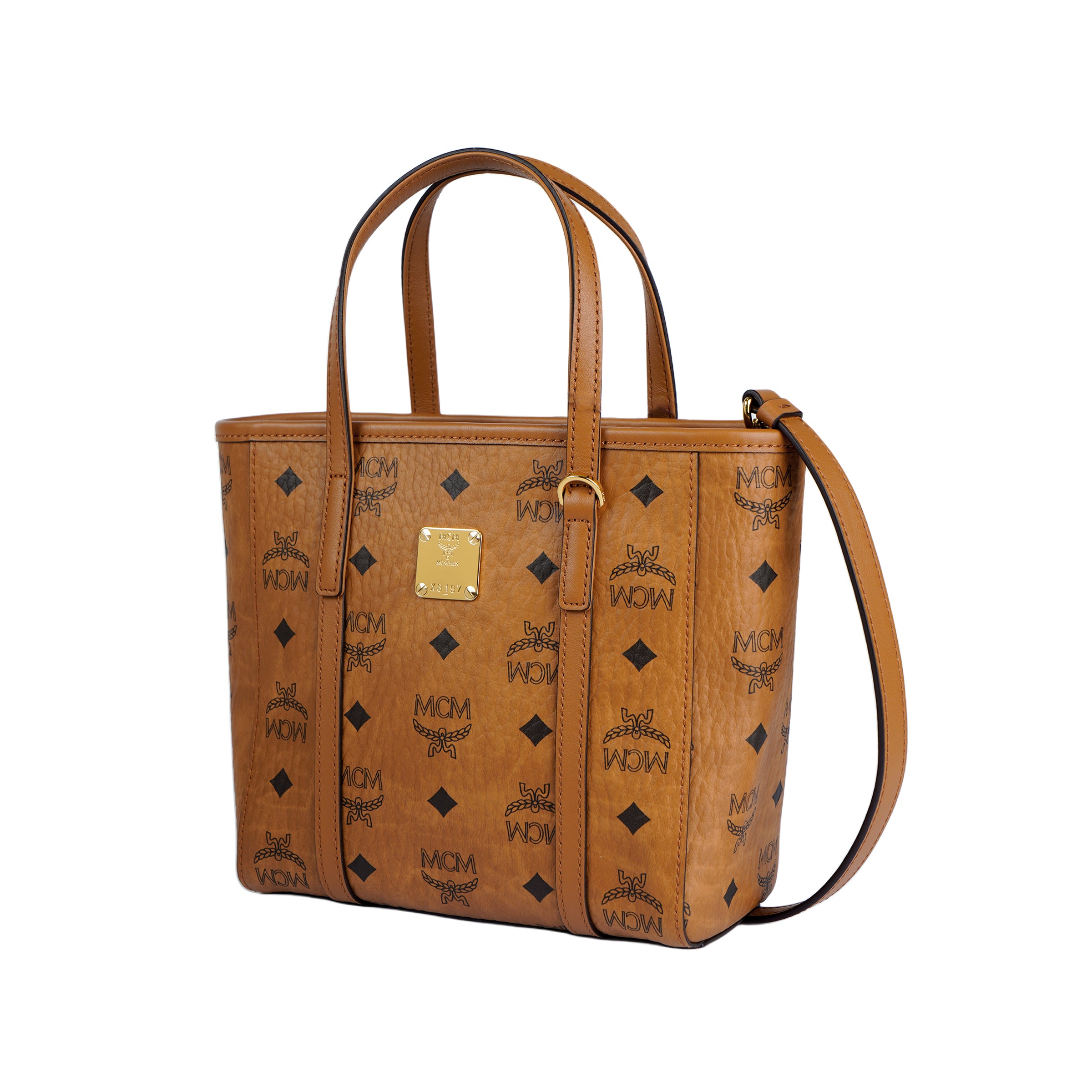 MCM Toni Top-Zip Shopper in Visetos Monogram Canvas Mini Crossbody Tote Bag – Cognac