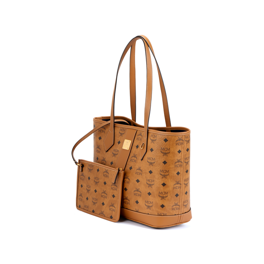 MCM Liz Visetos Monogram Shopper Tote Bag with Detachable Zip Pouch – Cognac