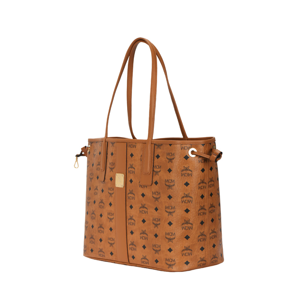 MCM Liz Medium Reversible Tote Bag – Classic Visetos Monogram Canvas, Large Capacity, Removable Pouch, Women's Shoulder Bag, Cognac Brown