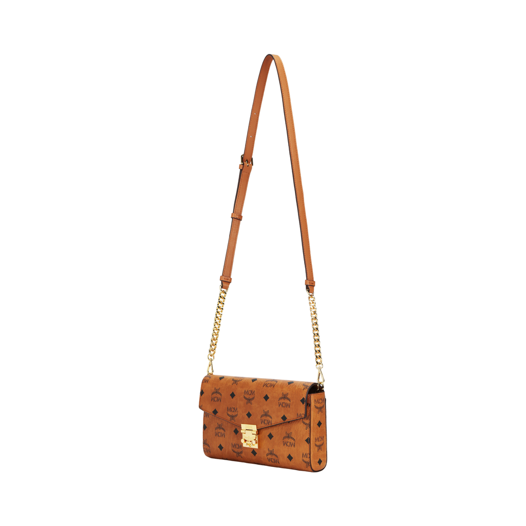 MCM Tracy Monogram Canvas & Leather Flap Crossbody Bag – Cognac Brown
