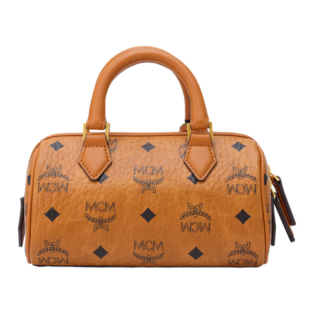 MCM Ella Mini Visetos Monogram Boston Crossbody Bag with Gold-Tone Lock Charm – Cognac Brown