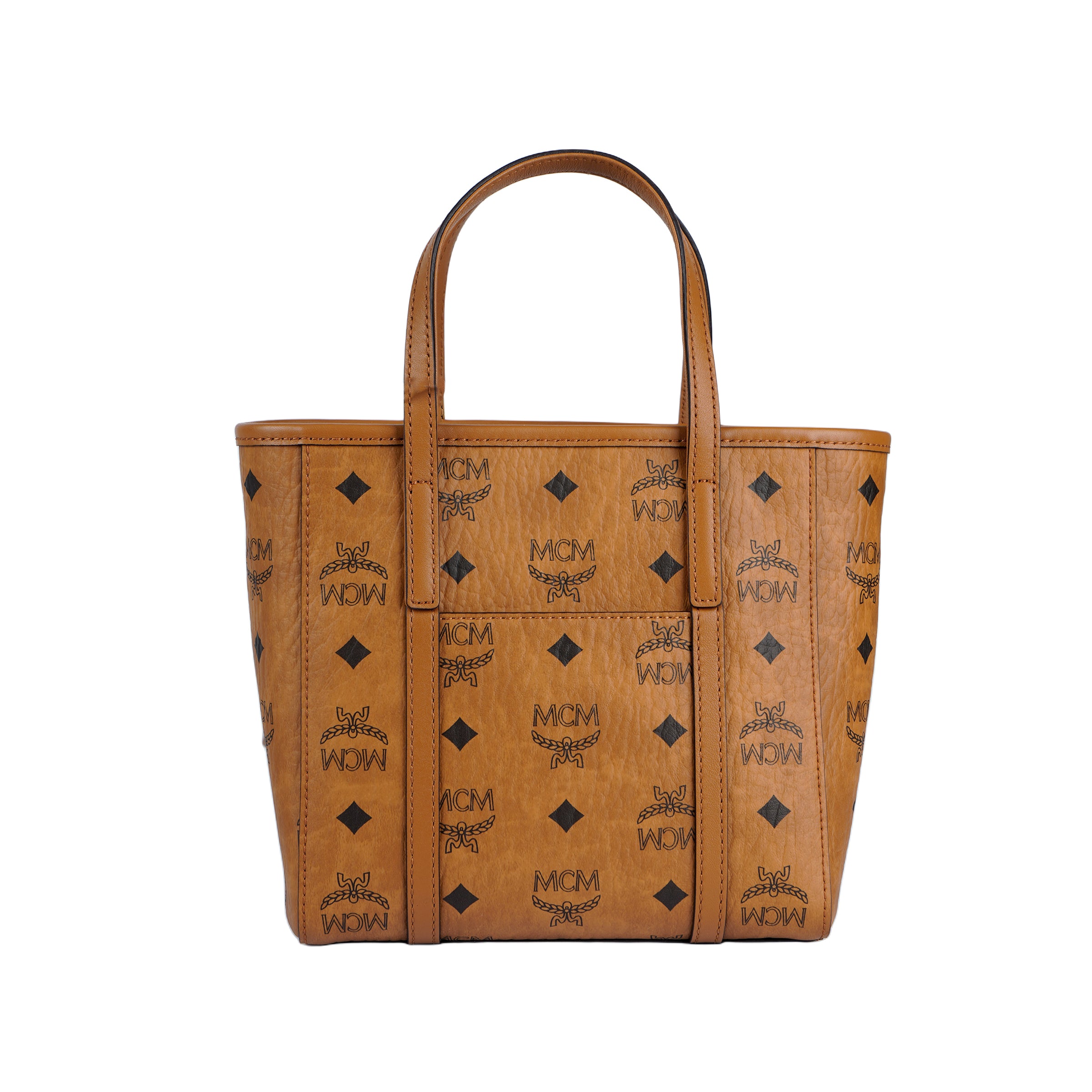 MCM Toni Top-Zip Shopper in Visetos Monogram Canvas Mini Crossbody Tote Bag – Cognac