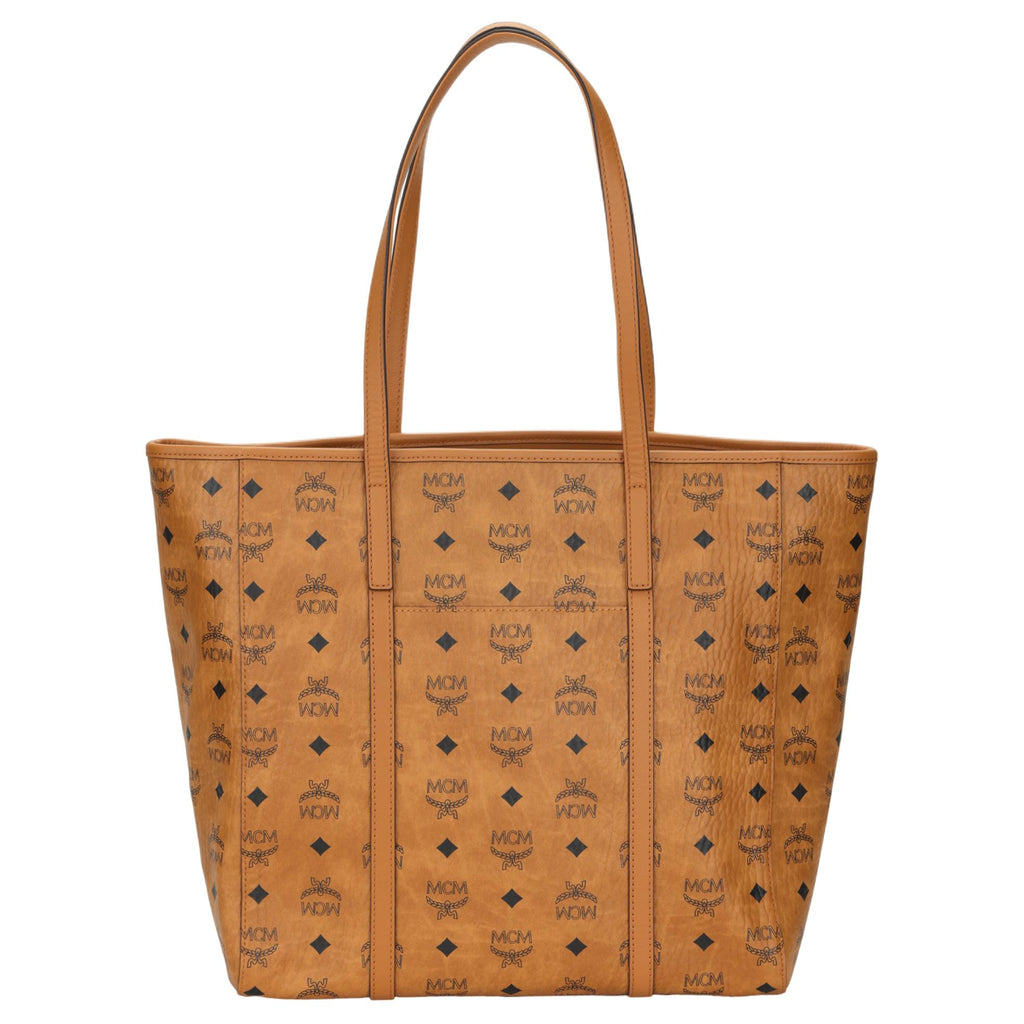 MCM Toni Medium Tote Bag in Visetos Monogram Faux Leather & Calf Leather – Cognac