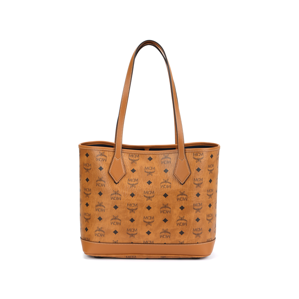 MCM Liz Visetos Monogram Shopper Tote Bag with Detachable Zip Pouch – Cognac