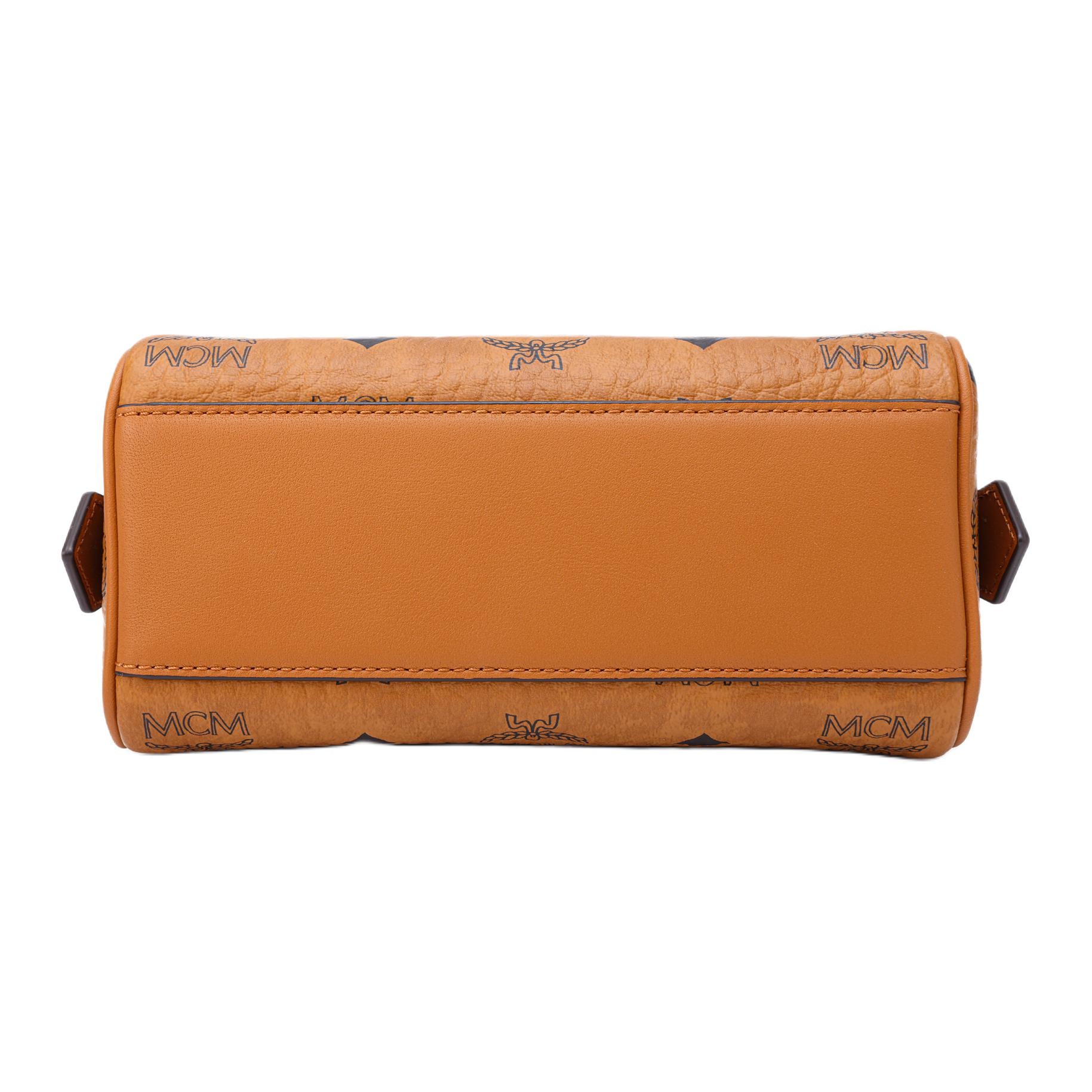 MCM Ella Mini Visetos Monogram Boston Crossbody Bag with Gold-Tone Lock Charm – Cognac Brown