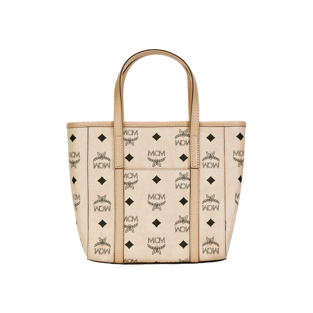 MCM Toni Mini Visetos Monogram Leather-Trimmed Tote Crossbody Bag – Unisex, Beige