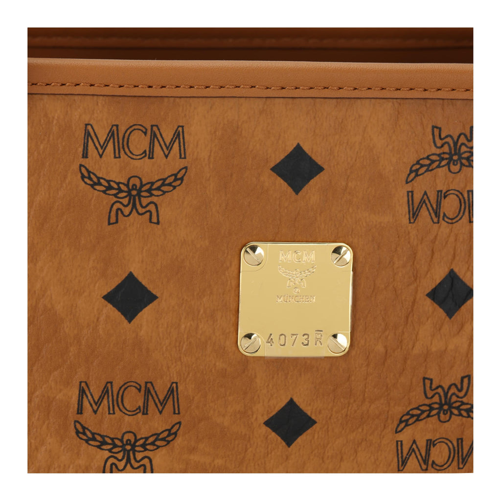 MCM Toni Medium Tote Bag in Visetos Monogram Faux Leather & Calf Leather – Cognac